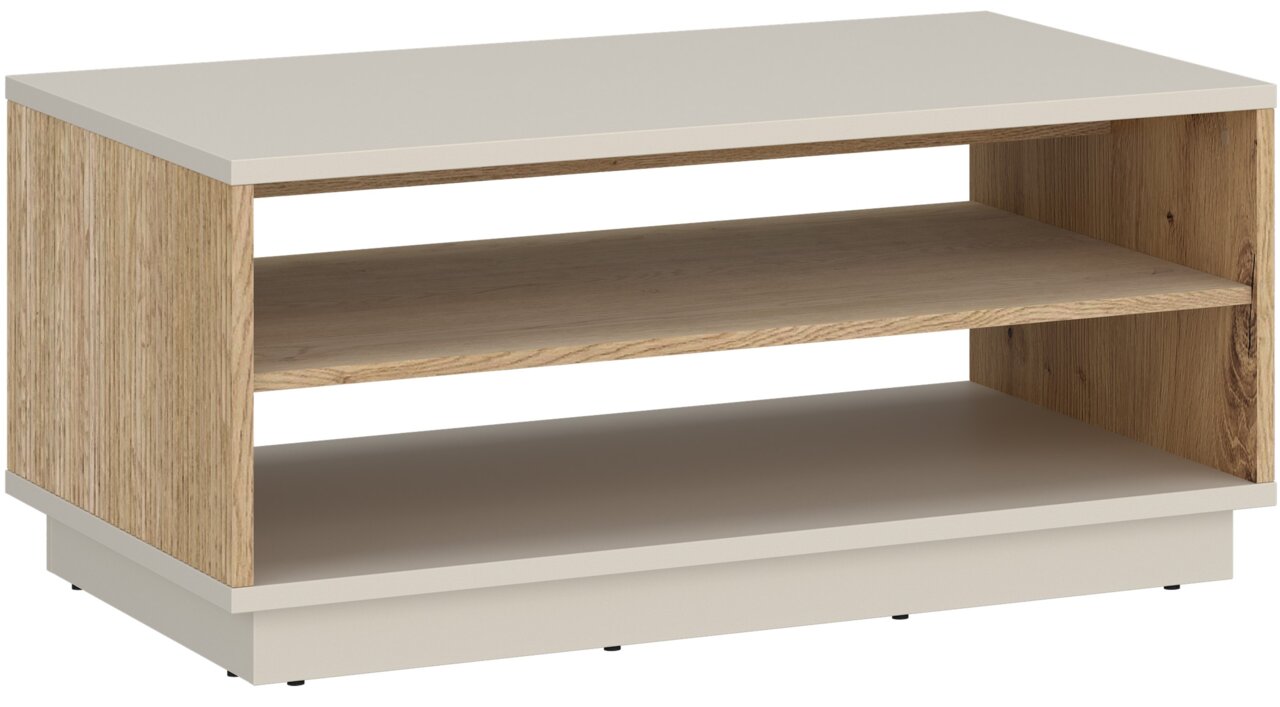 Z2 Couchtisch MOSANO Moderner Couchtisch mit Holzoptik und cremefarbener Oberfläche, seitliche Perspektive