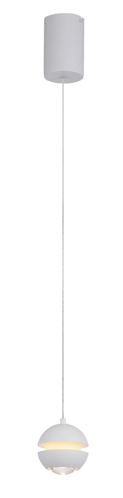 Weiße Pendelleuchte mit kugelförmigem, zweiteiligem Schirm und sichtbarem Leuchtmittel, an langem Kabel mit zylindrischem Deckenbaldachin, Frontansicht leicht von unten vor weißem Hintergrund