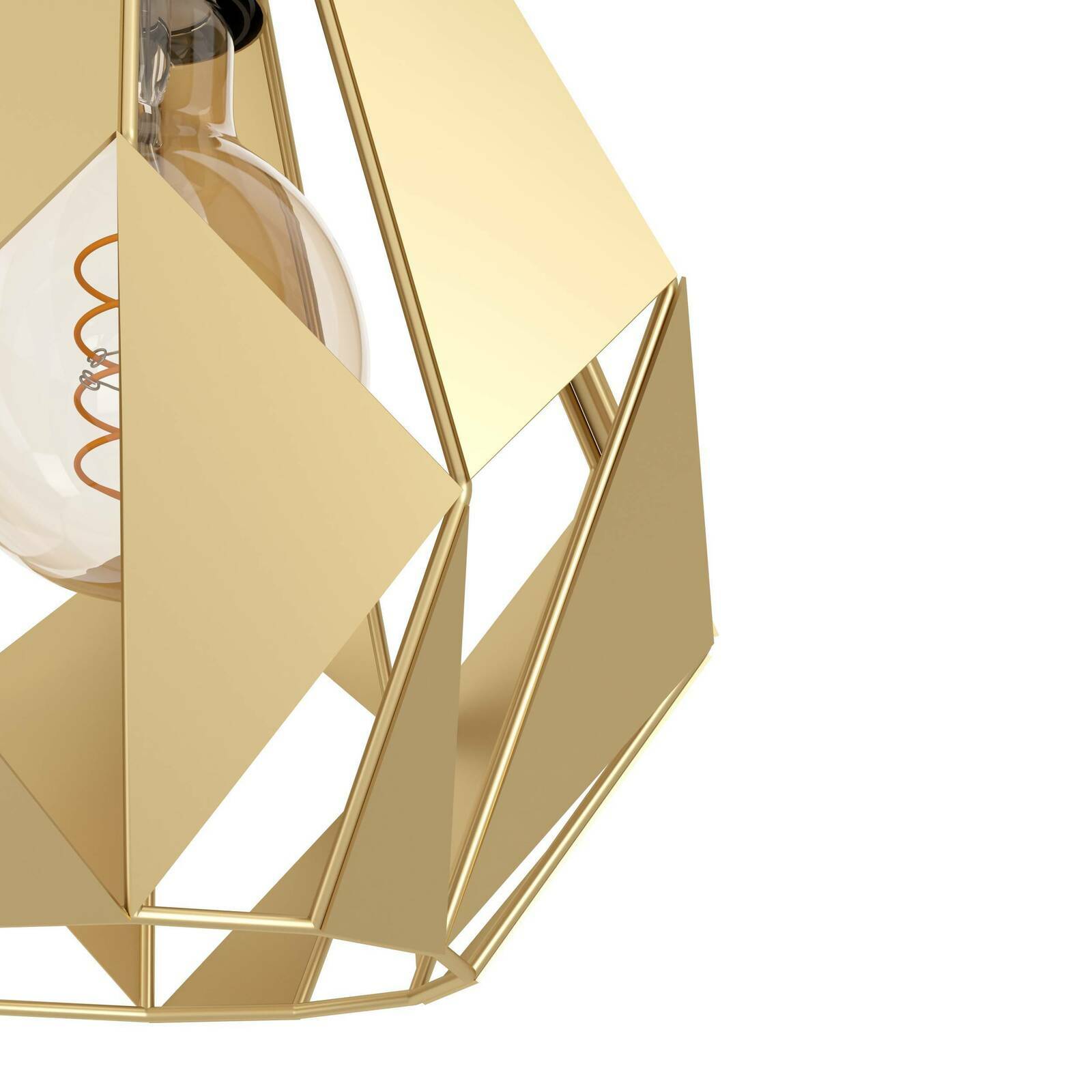 Nahaufnahme einer goldenen Pendelleuchte mit geometrischem Design und sichtbarer Glühbirne, seitliche Perspektive.
