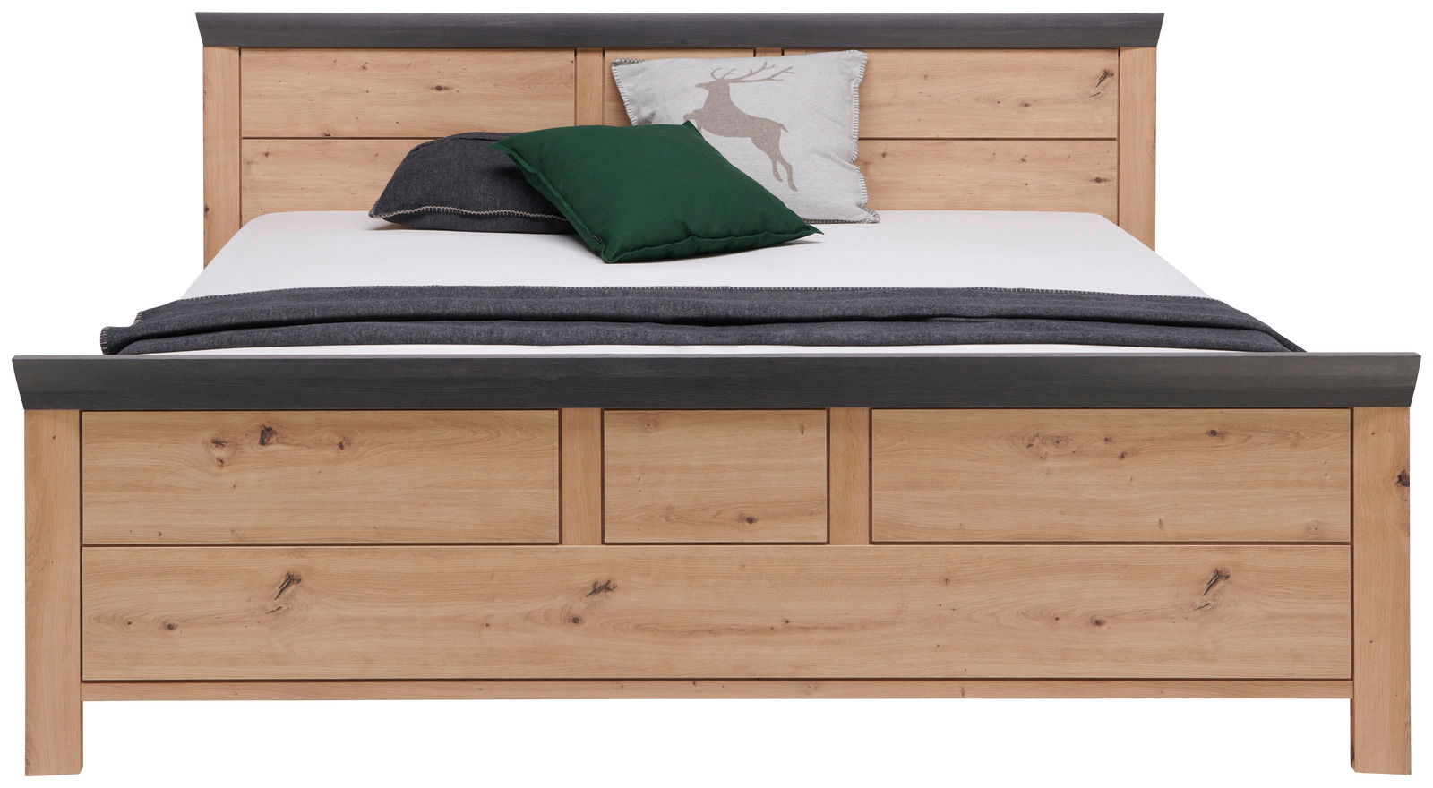 Frontale Ansicht eines Bettes aus Holz mit grauen Akzenten, dekoriert mit Kissen und Decke.