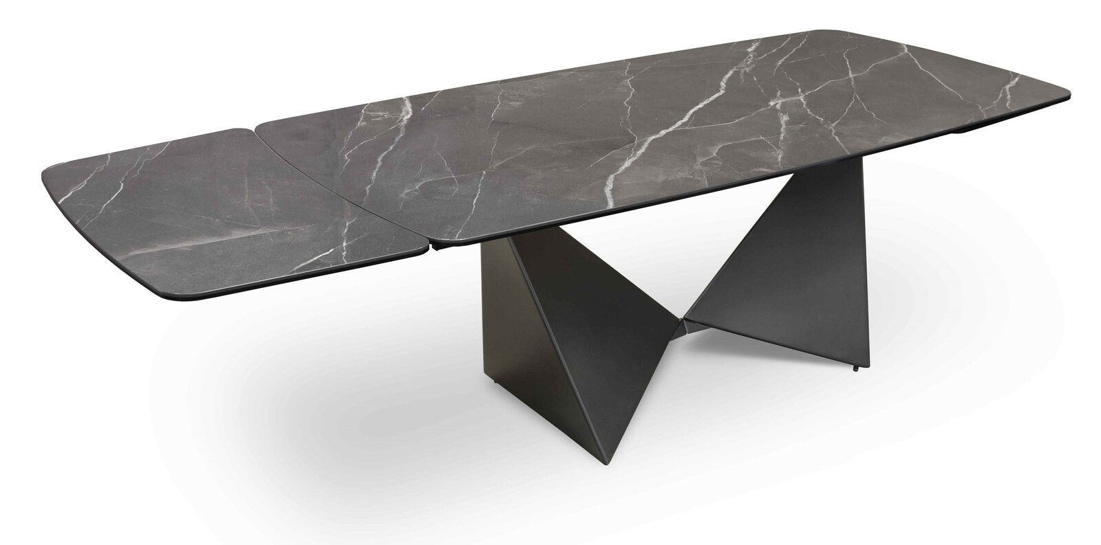 Moderner Esstisch mit dunkler Marmoroptik und geometrischem Metallgestell, seitliche Perspektive