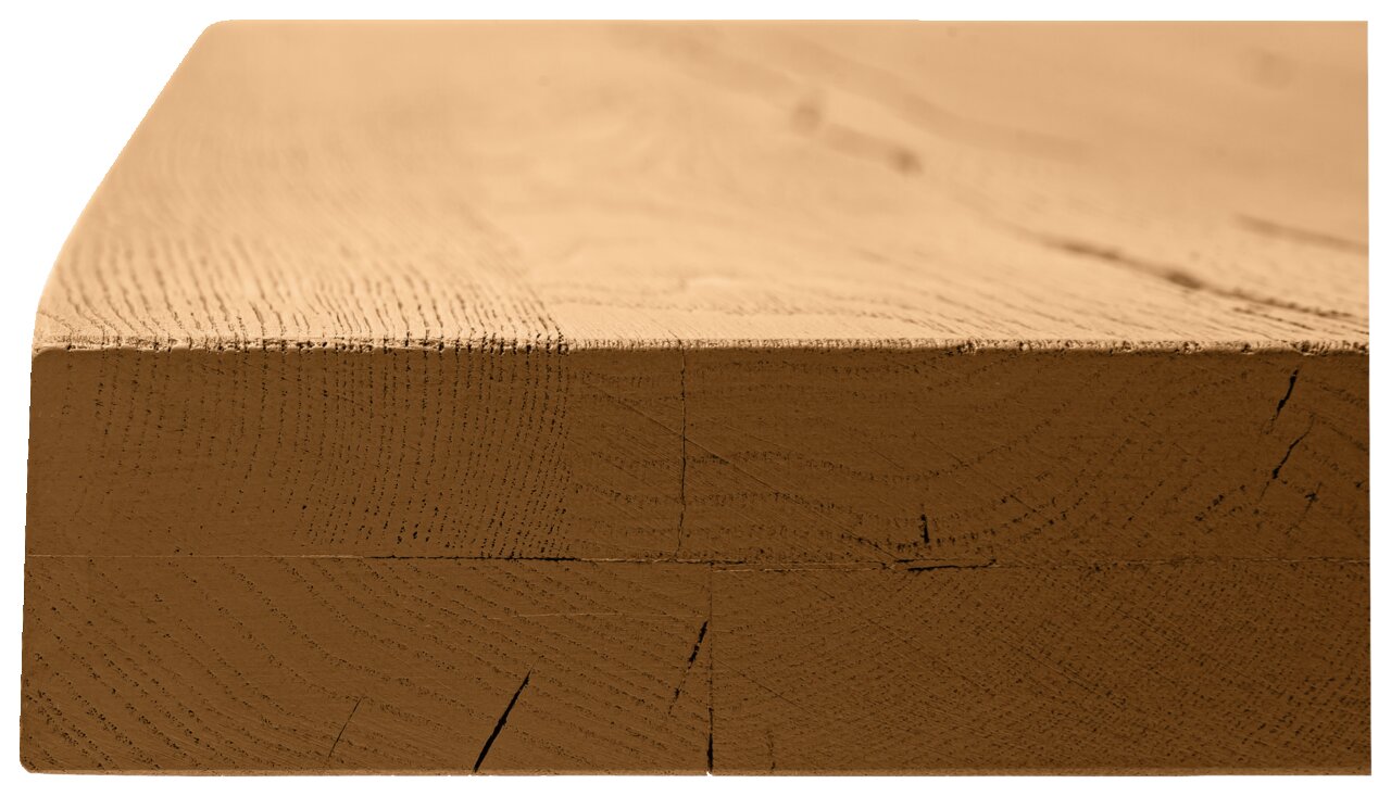 Waldwelt Tischplatte CHALET-PALAZZO Nahaufnahme der Kante einer massiven Holz-Tischplatte mit sichtbarer Maserung, seitliche Perspektive