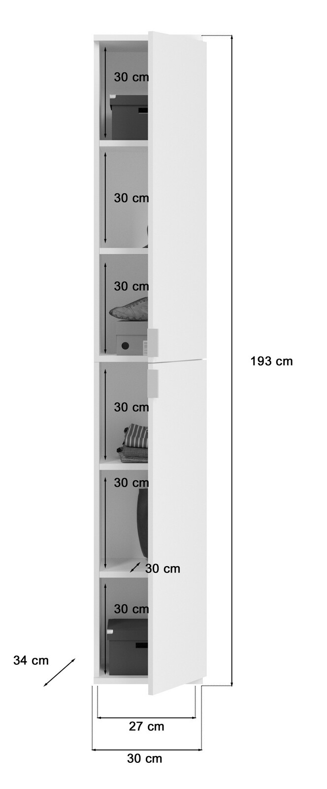 Schmaler, hoher Garderobenschrank mit mehreren Fächern, weiß, Maße: 193 cm hoch, 30 cm breit, 34 cm tief, seitliche Ansicht.