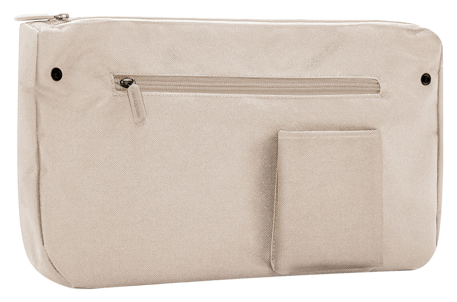Beige Tasche mit Reißverschluss und zusätzlichem Fach, seitliche Perspektive