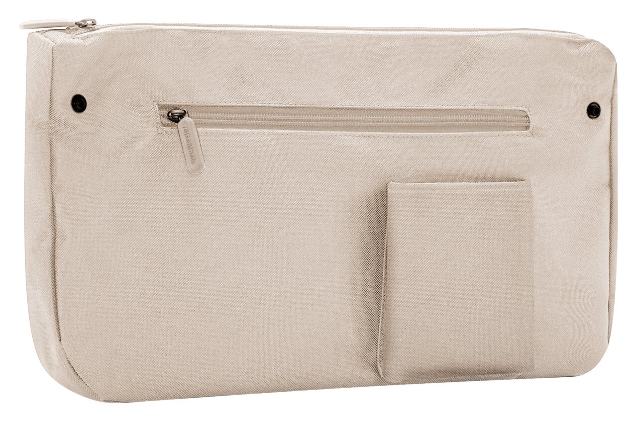 Beige Tasche mit Reißverschluss und zusätzlichem Fach, seitliche Perspektive