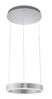 Moderne Pendelleuchte in silberner Optik, von unten betrachtet, mit runder Form und schlanken Aufhängungen.