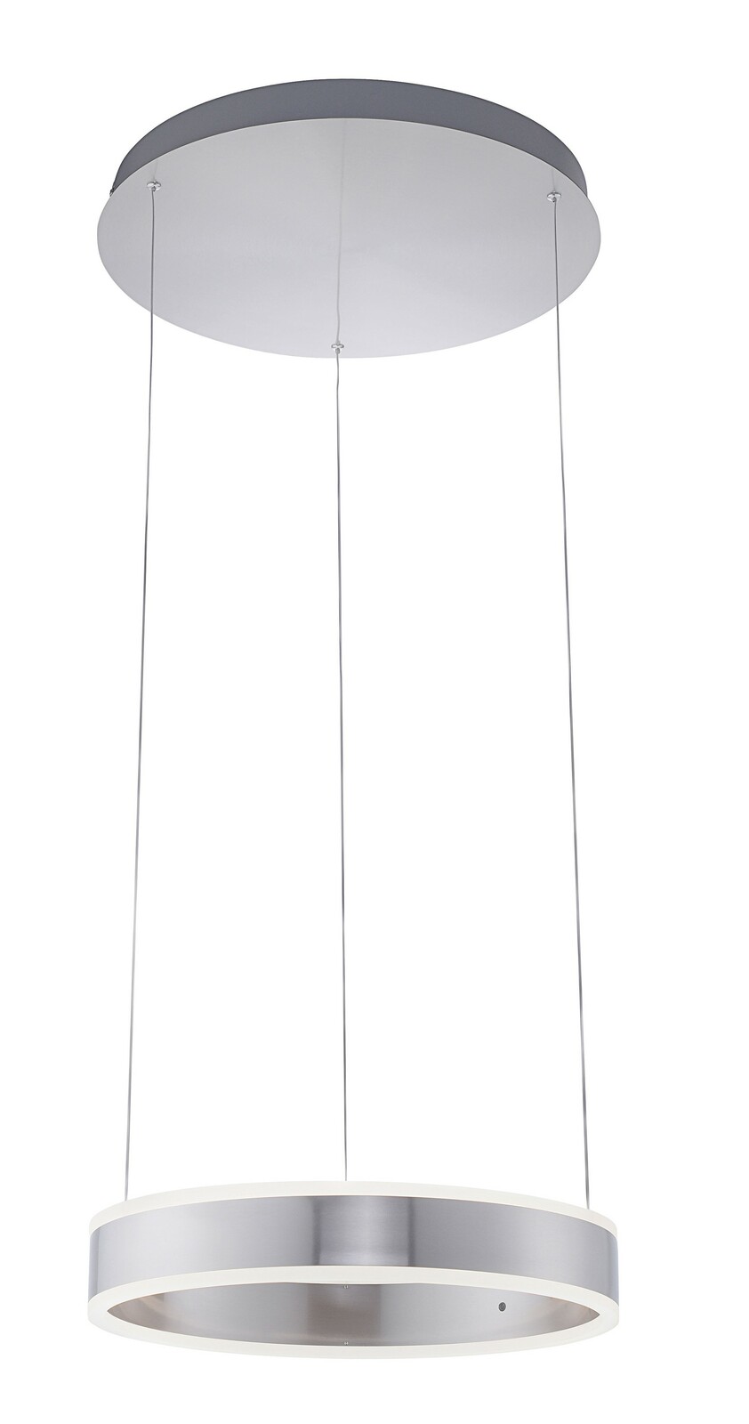 Moderne Pendelleuchte in silberner Optik, von unten betrachtet, mit runder Form und schlanken Aufhängungen.