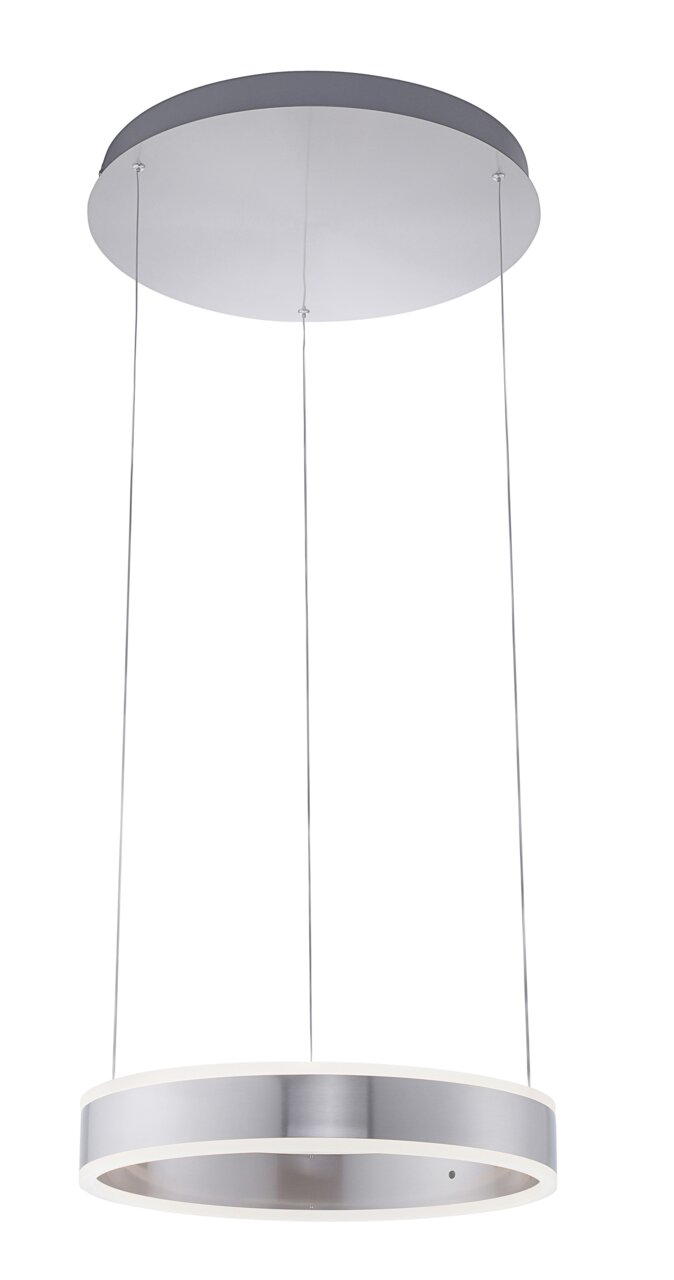 Moderne Pendelleuchte in silberner Optik, von unten betrachtet, mit runder Form und schlanken Aufhängungen.