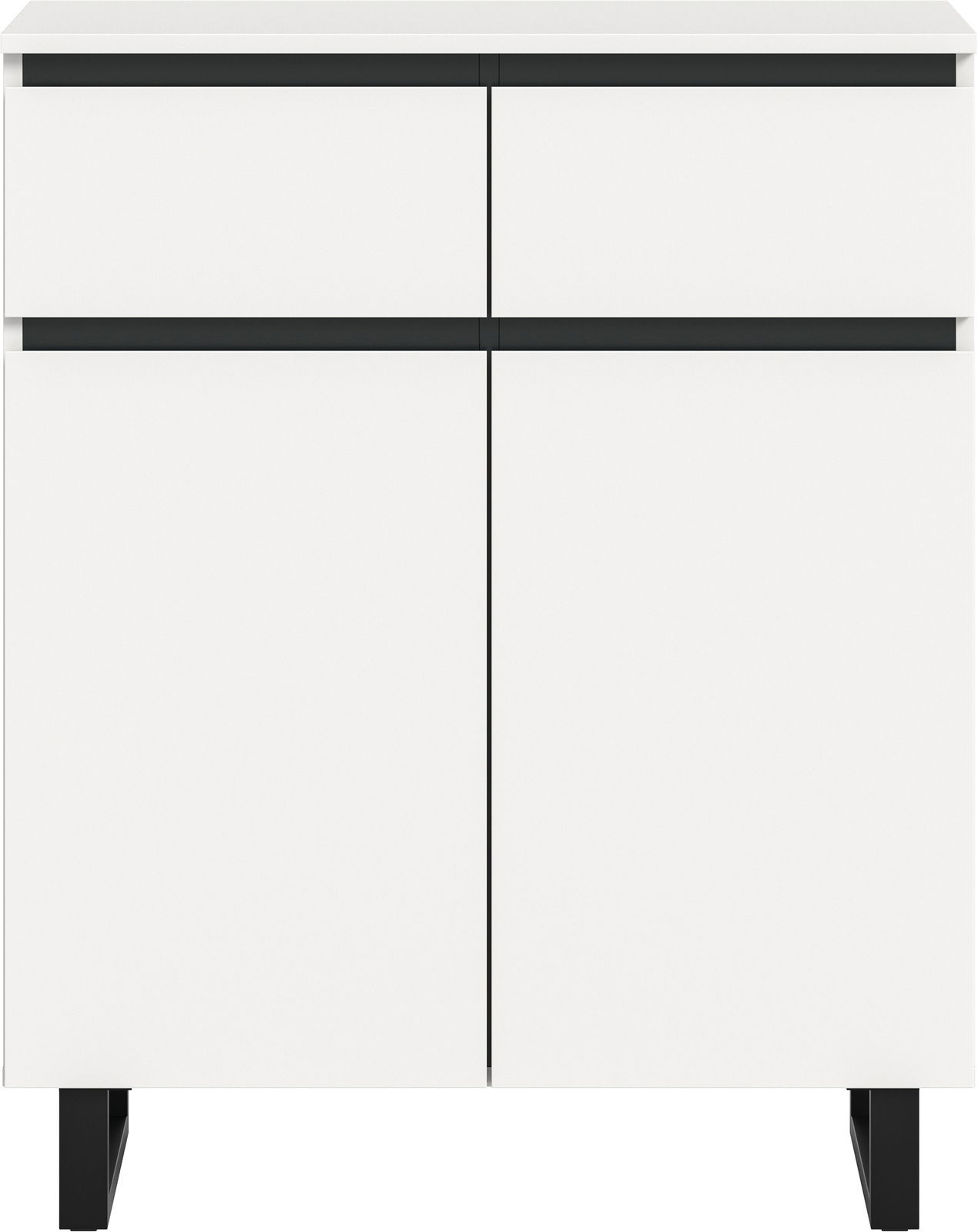 Weiße Kommode mit zwei Schubladen und zwei Türen, frontal betrachtet, mit schwarzen Akzenten und Beinen.