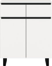 Weiße Kommode mit zwei Schubladen und zwei Türen, frontal betrachtet, mit schwarzen Akzenten und Beinen.