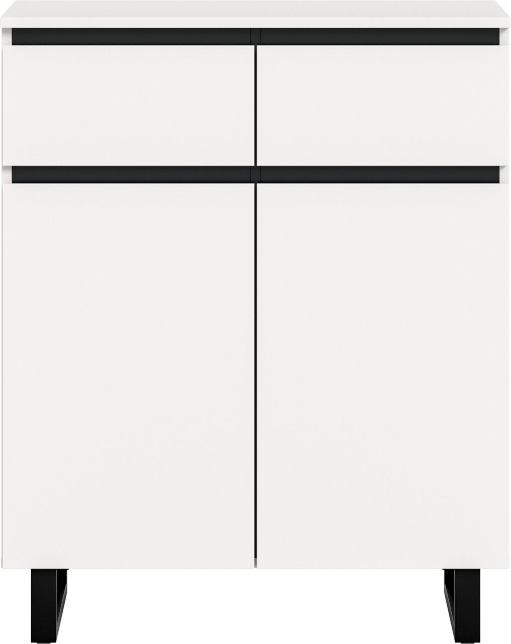 Weiße Kommode mit zwei Schubladen und zwei Türen, frontal betrachtet, mit schwarzen Akzenten und Beinen.