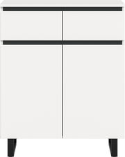Weiße Kommode mit zwei Schubladen und zwei Türen, frontal betrachtet, mit schwarzen Akzenten und Beinen.