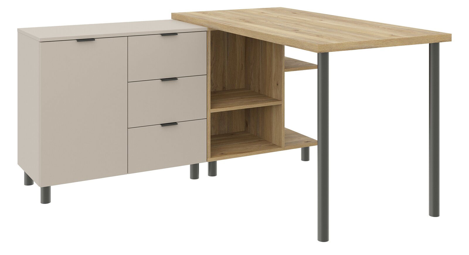 Eck-Schreibtischkombination mit Holzoberfläche und Metallbeinen, seitliche Perspektive