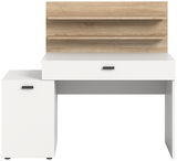 Moderner Schreibtisch mit weißem Korpus, Schublade und Regalaufsatz in Holzoptik, Frontalansicht