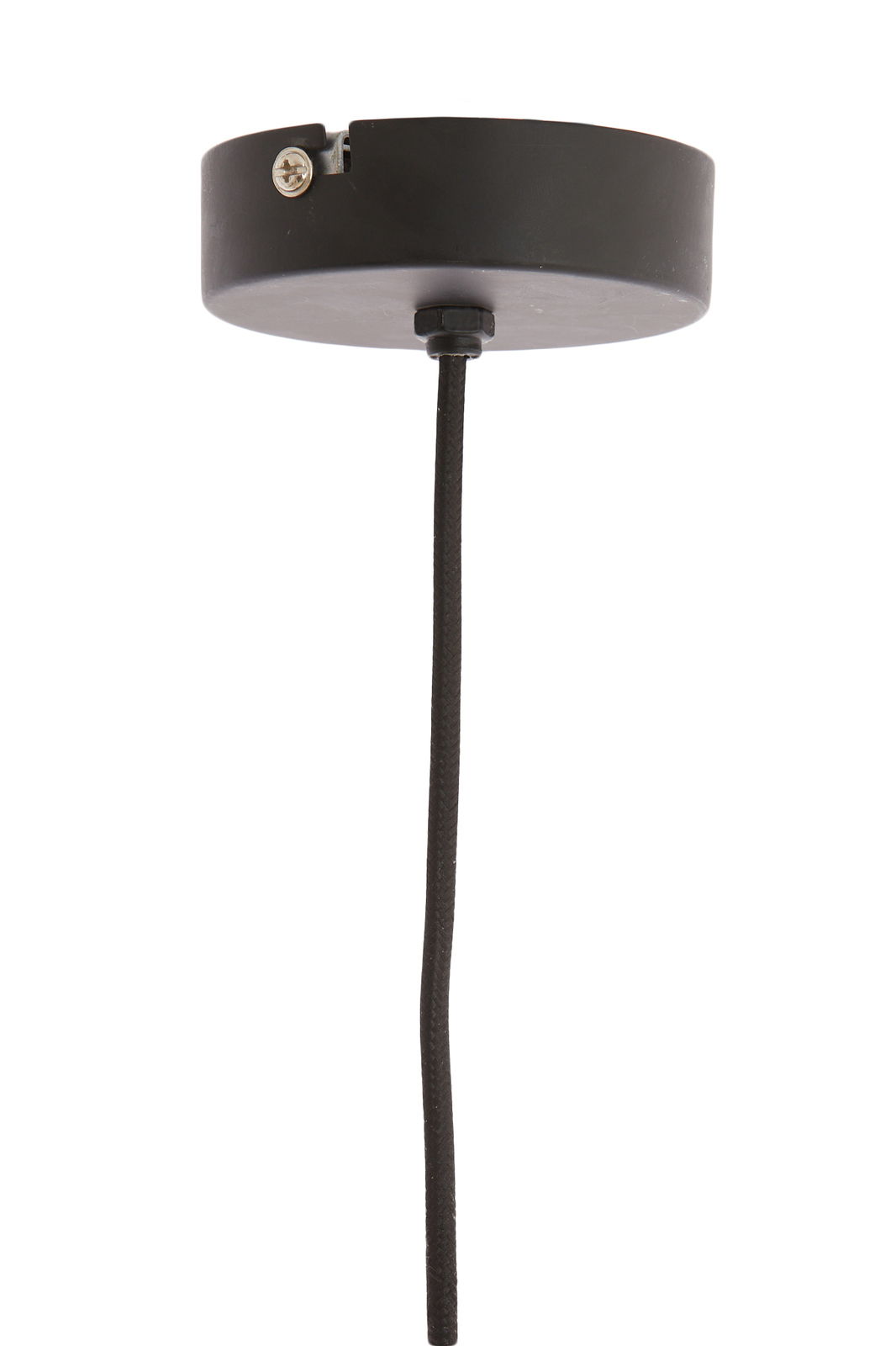 Schwarze Deckenhalterung einer Hängeleuchte mit Kabel, seitliche Perspektive