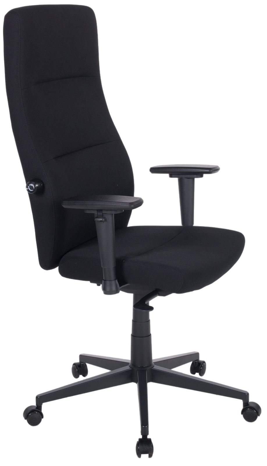 Schwarzer Drehstuhl mit hoher Rückenlehne und verstellbaren Armlehnen, seitliche Perspektive