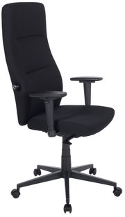 Schwarzer Drehstuhl mit hoher Rückenlehne und verstellbaren Armlehnen, seitliche Perspektive