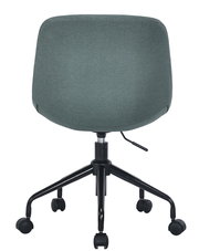Rückansicht eines Home Office Drehstuhls mit grauem Stoffbezug und schwarzem Gestell auf Rollen.