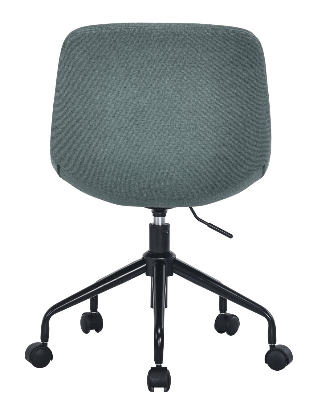 Rückansicht eines Home Office Drehstuhls mit grauem Stoffbezug und schwarzem Gestell auf Rollen.