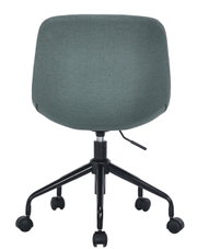 Rückansicht eines Home Office Drehstuhls mit grauem Stoffbezug und schwarzem Gestell auf Rollen.