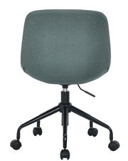 Rückansicht eines Home Office Drehstuhls mit grauem Stoffbezug und schwarzem Gestell auf Rollen.