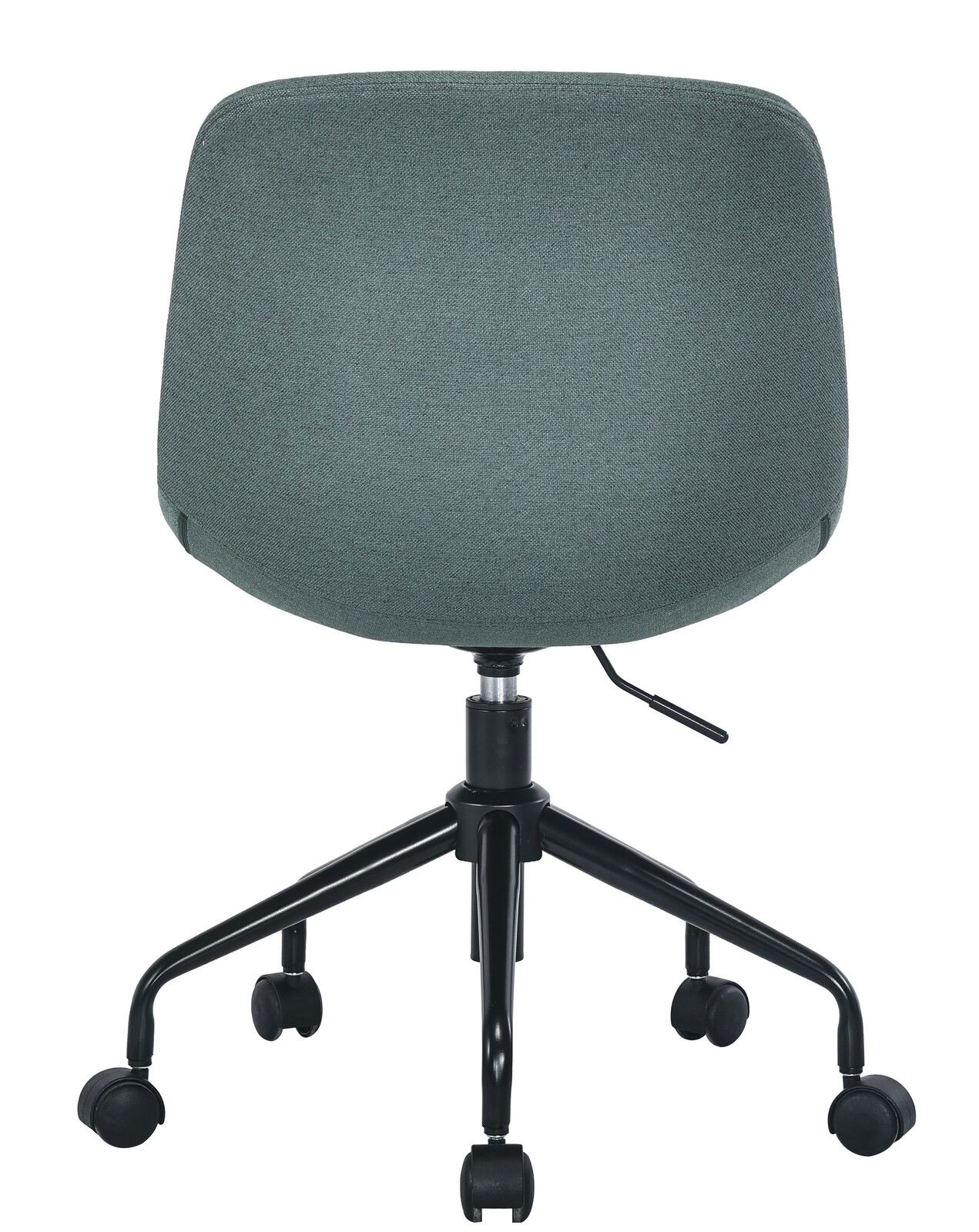 Rückansicht eines Home Office Drehstuhls mit grauem Stoffbezug und schwarzem Gestell auf Rollen.