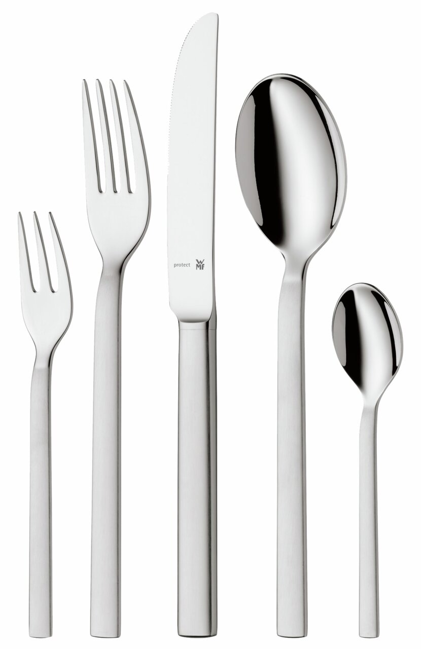 Besteck-Set Lyric 66-tlg. aus Edelstahl, bestehend aus Gabel, Messer, Esslöffel, Dessertgabel und Teelöffel, frontal abgebildet.