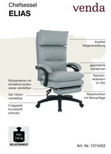 Grauer Chefsessel mit verstellbarem Kopfteil, gepolsterten Armlehnen und Relaxfunktion mit Beinauslage, seitliche Perspektive.