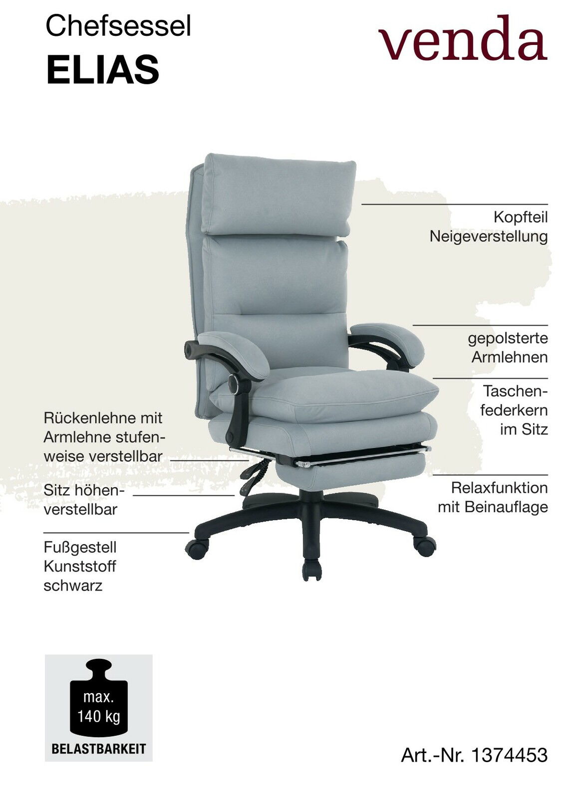 Grauer Chefsessel mit verstellbarem Kopfteil, gepolsterten Armlehnen und Relaxfunktion mit Beinauslage, seitliche Perspektive.