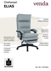 Grauer Chefsessel mit verstellbarem Kopfteil, gepolsterten Armlehnen und Relaxfunktion mit Beinauslage, seitliche Perspektive.