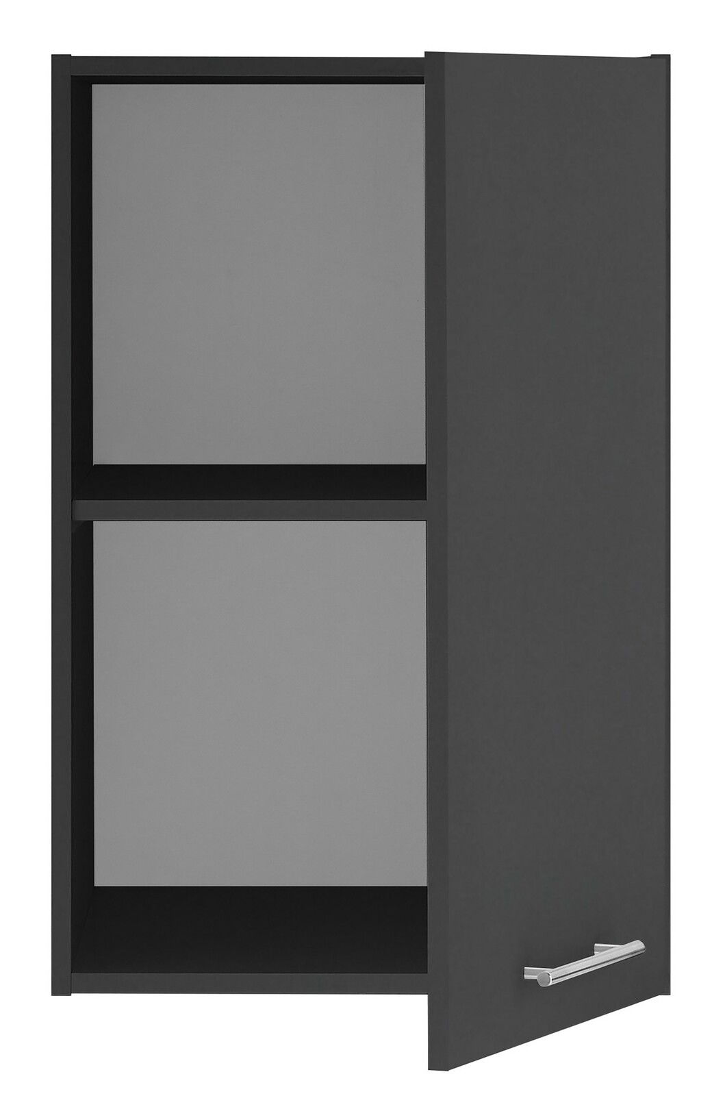 Schwarzer Aufsatzschrank mit einer offenen Tür, seitliche Perspektive