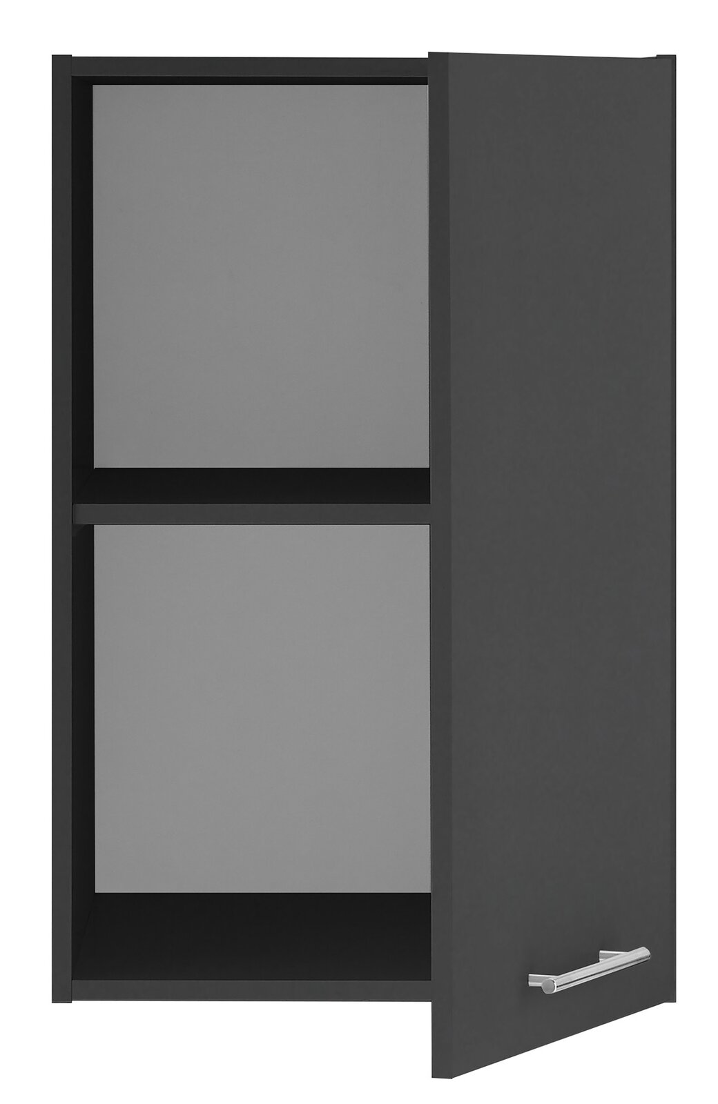 Schwarzer Aufsatzschrank mit einer offenen Tür, seitliche Perspektive