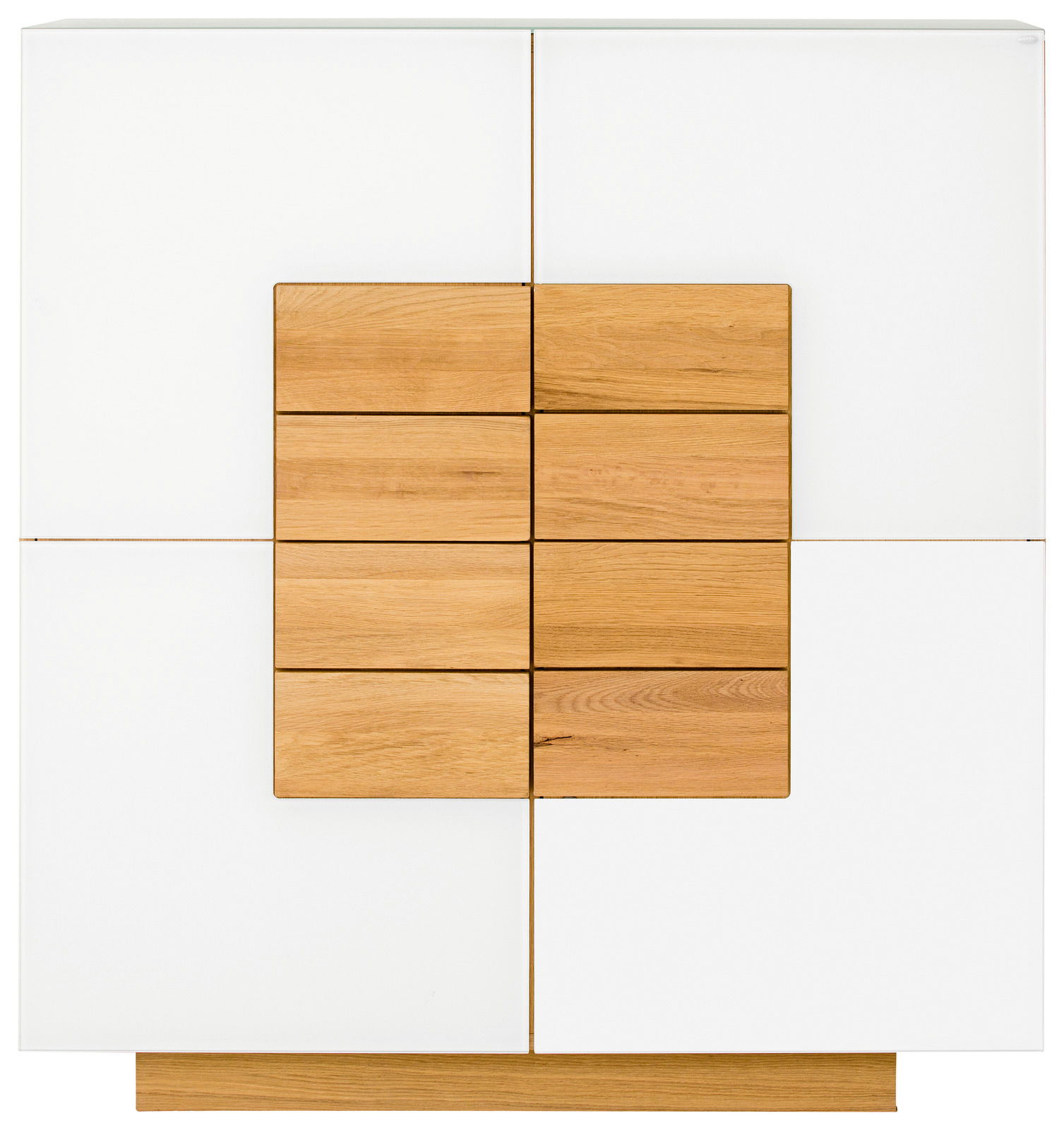 Voglauer Highboard VMONTANARA Frontale Ansicht eines modernen Highboards mit weißem und holzfarbenem Design.