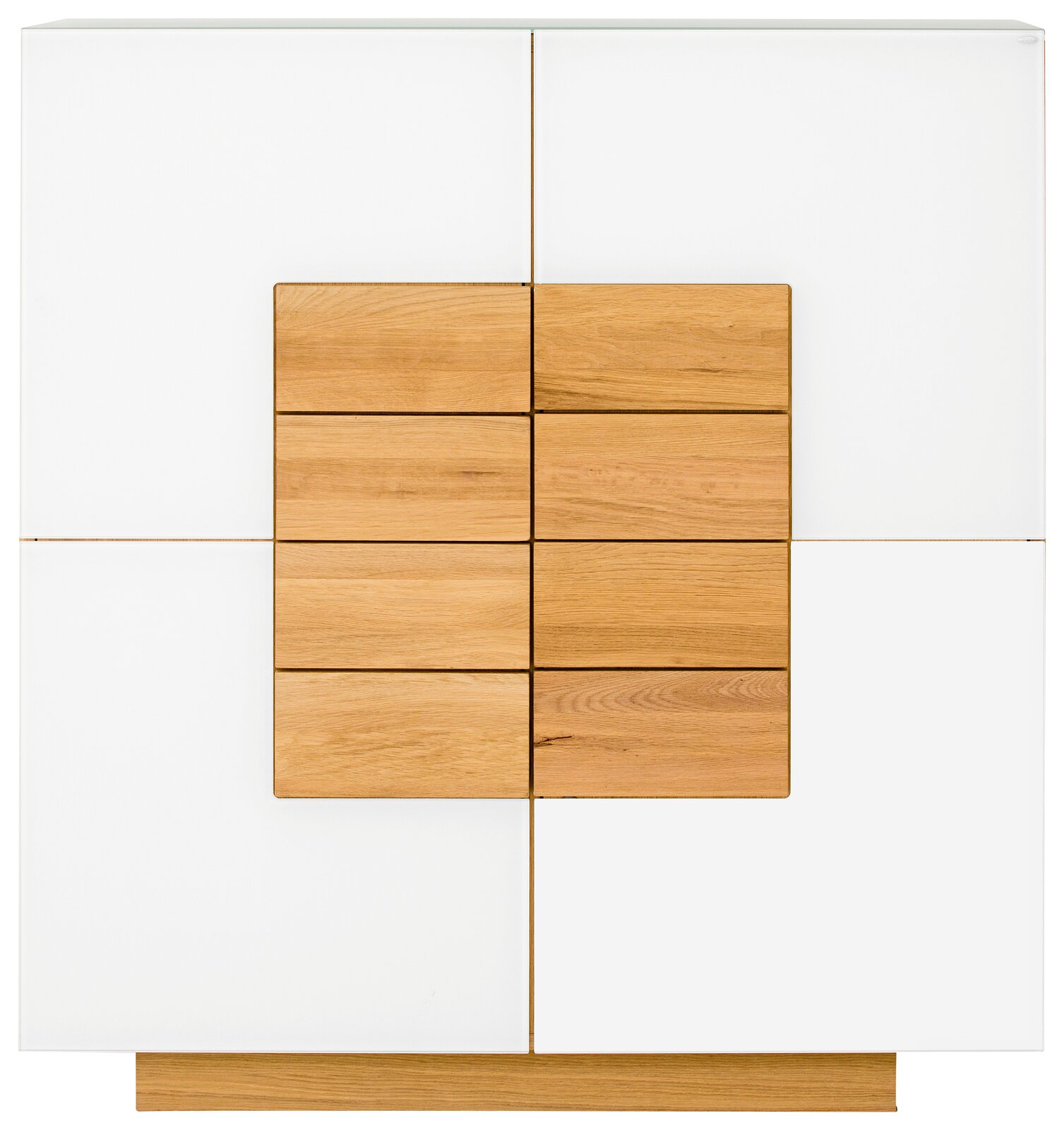 Voglauer Highboard VMONTANARA Frontale Ansicht eines modernen Highboards mit weißem und holzfarbenem Design.