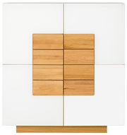 Frontale Ansicht eines modernen Highboards mit weißem und holzfarbenem Design.