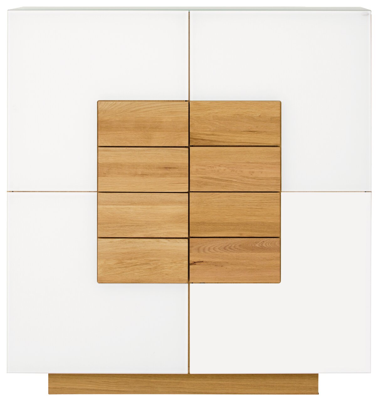 Frontale Ansicht eines modernen Highboards mit weißem und holzfarbenem Design.