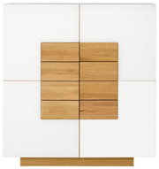 Frontale Ansicht eines modernen Highboards mit weißem und holzfarbenem Design.
