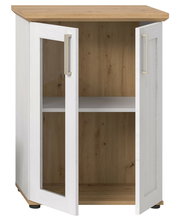 Eckvitrine mit Holzoptik, zwei Glastüren und einem Regalbrett, Perspektive von vorne