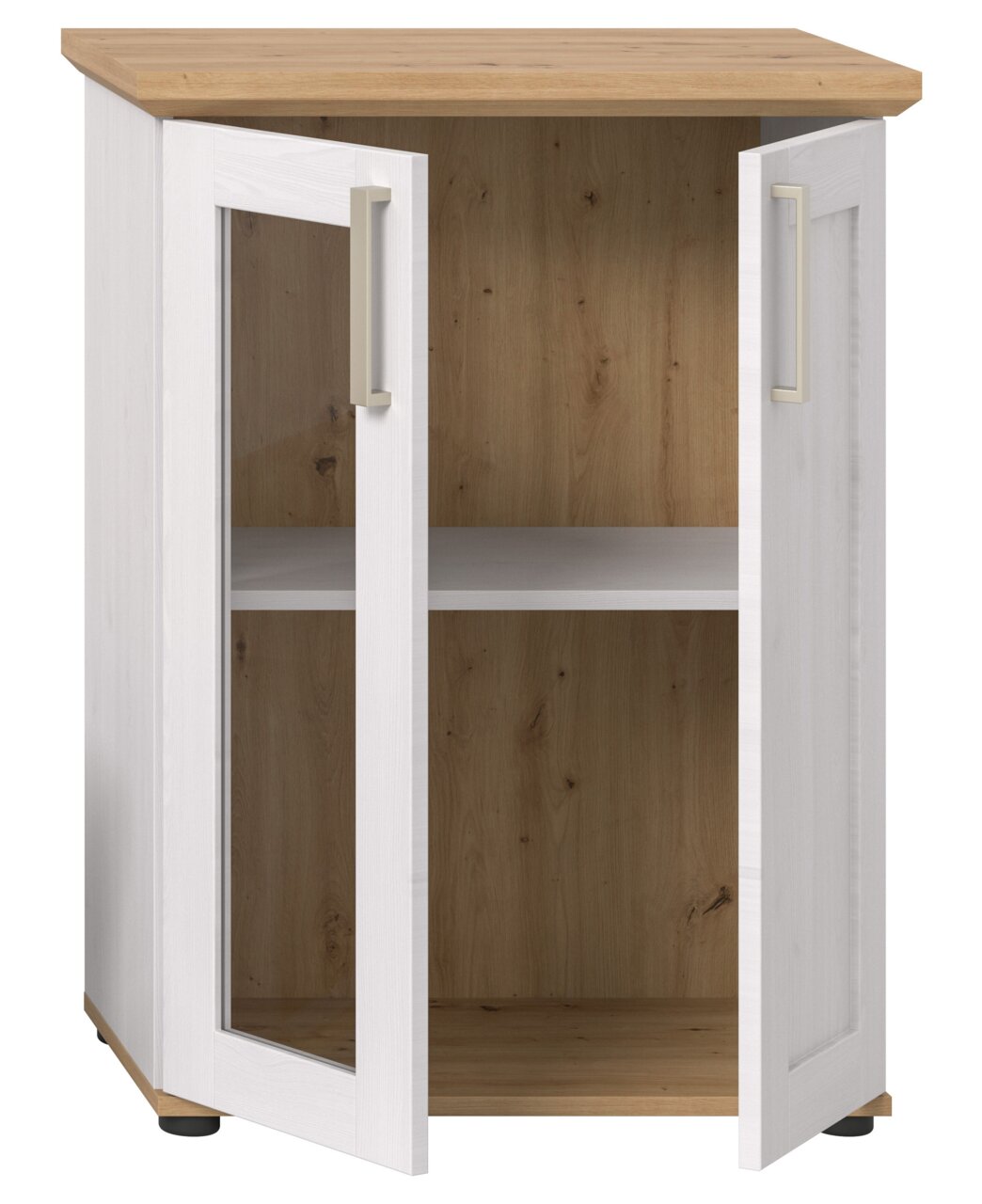 Eckvitrine mit Holzoptik, zwei Glastüren und einem Regalbrett, Perspektive von vorne