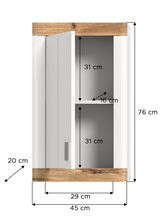 Hängeschrank mit einer Tür, teilweise geöffnet, zeigt zwei Fächer. Maße: 76 cm hoch, 45 cm breit, 20 cm tief. Frontansicht.