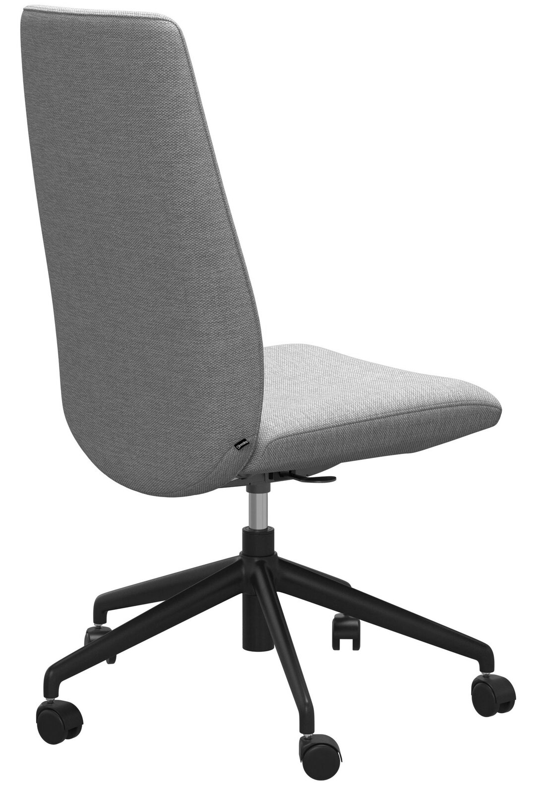 Rückansicht eines modernen Home Office Stuhls mit beigem Stoffbezug und schwarzem Drehgestell auf Rollen.