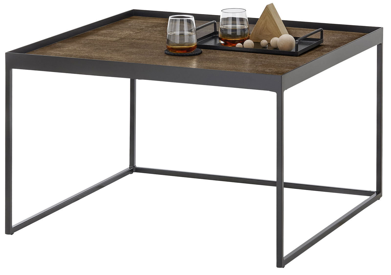 Moderner Beistelltisch mit Metallrahmen und Holzplatte, seitliche Perspektive