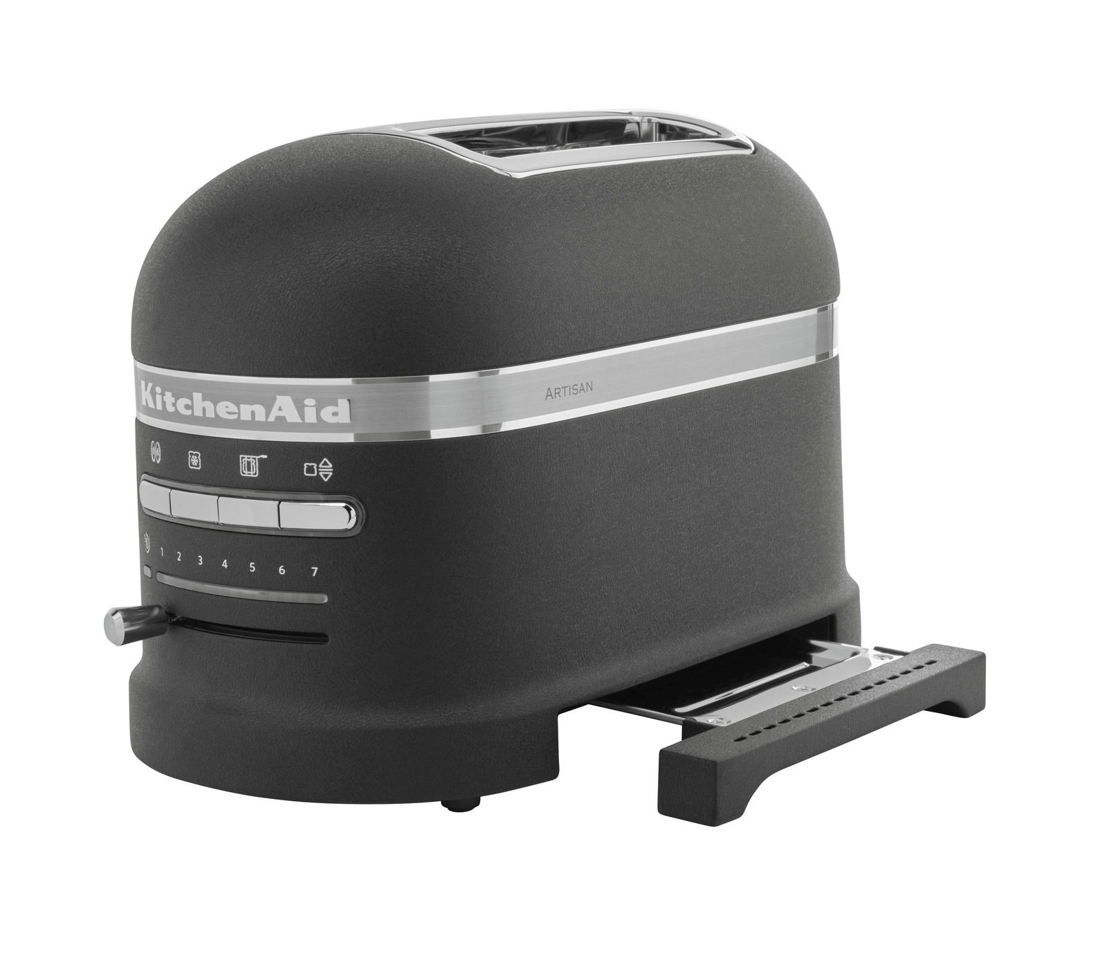 Schwarzer 2-er Toaster aus Guss mit seitlicher Ansicht, zeigt Bedienelemente und Toastschlitze.