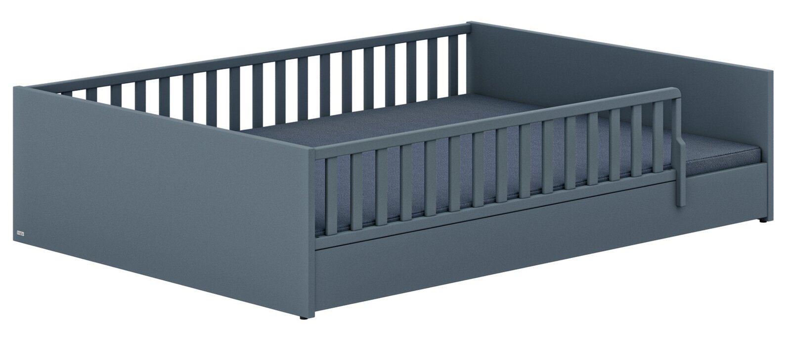 Paidi Bodenbett LITTLE FLO Graues Bodenbett mit Gitterstäben, seitliche Perspektive