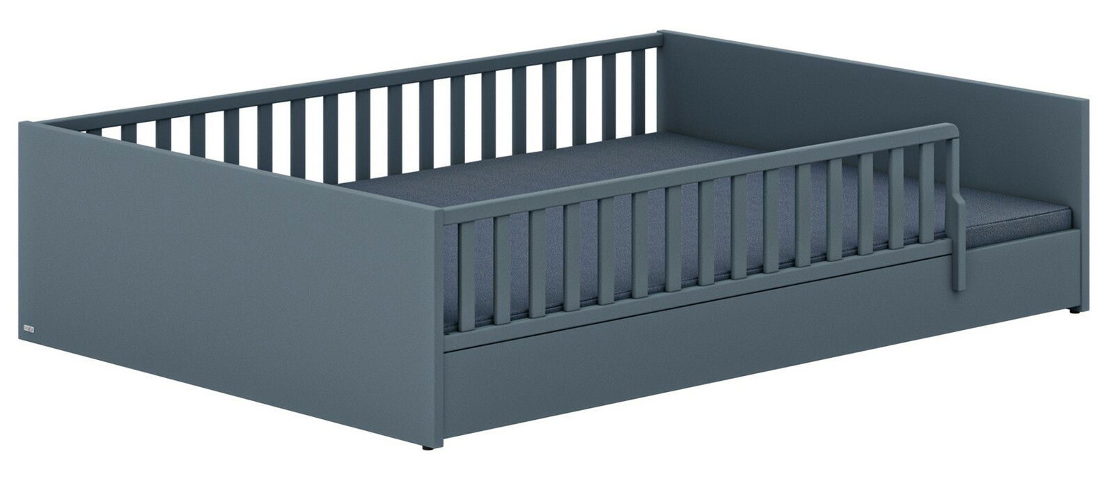 Paidi Bodenbett LITTLE FLO Graues Bodenbett mit Gitterstäben, seitliche Perspektive