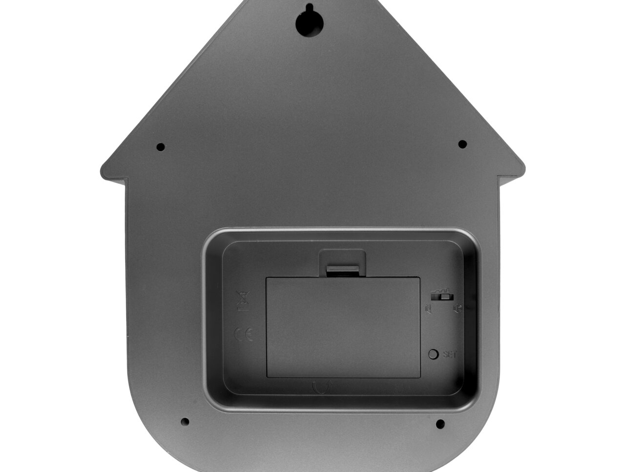 Achterkant van een wandklok in de vorm van een huisje, met batterijvak en instelknoppen.