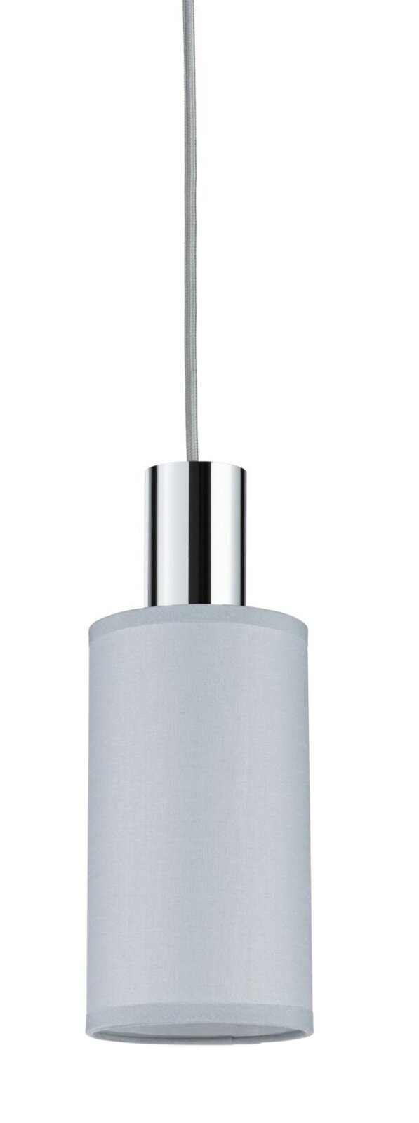 Cilindrische decoratieve lamp Valerio in grijs met een chromen kap, hangend aan het plafond, zijaanzicht