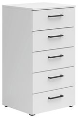 Weiße Kommode mit fünf Schubladen und schwarzen Griffen, seitliche Perspektive