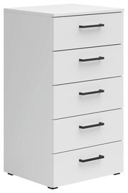 Weiße Kommode mit fünf Schubladen und schwarzen Griffen, seitliche Perspektive