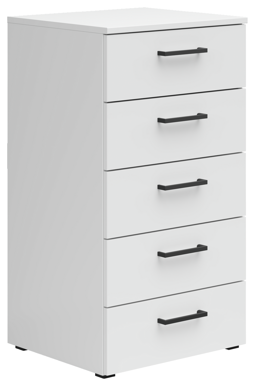 Weiße Kommode mit fünf Schubladen und schwarzen Griffen, seitliche Perspektive